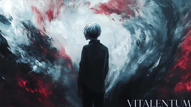 Solitary figure amid turbulent chromatic vortex field study.