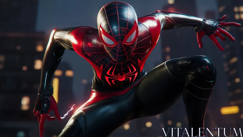 Masked superhero crouches in black and red suit at night