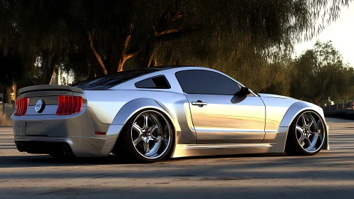 Silver modified coupe parked in low-angle evening light.