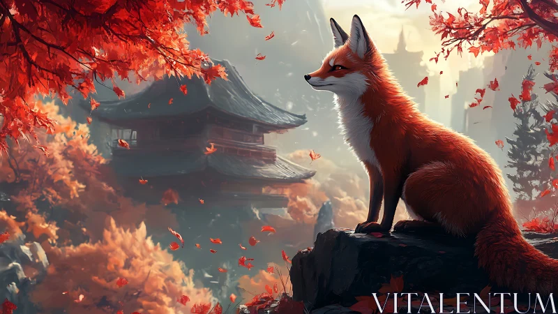 Autumn fox sentinel above misty Japanese temple valley.