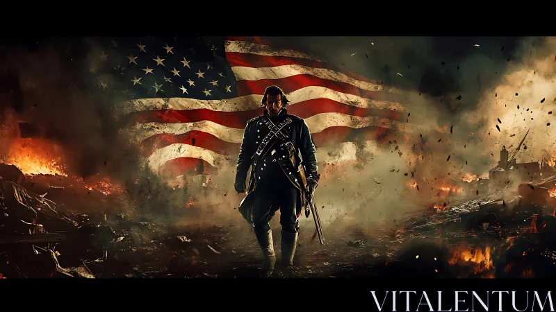 Armed soldier strides through burning warzone, flag behind