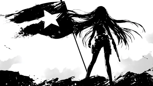 Silhouetted warrior raises star flag against stark white sky