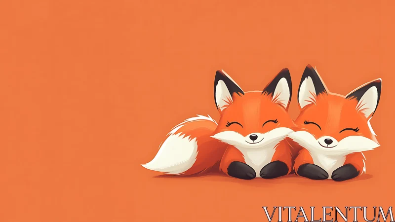 Two stylized foxes rest on flat orange ground in symmetry