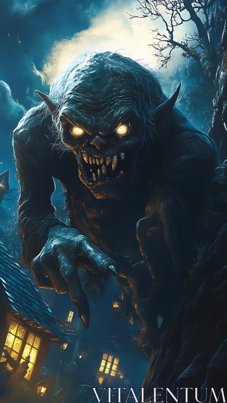 Moonlit gutter fiend stoops low over trembling lamplit roofs