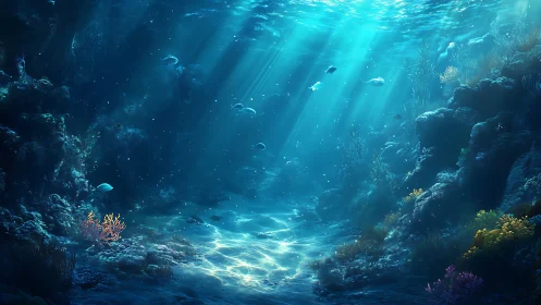 Sunlit ocean floor with coral reef and drifting fish.