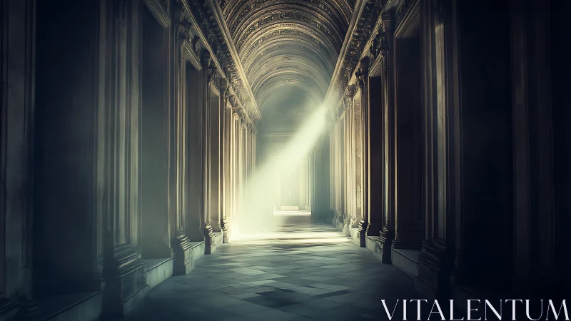 Sunlit silence in a grand vaulted marble corridor.