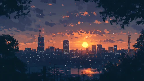 Urban skyline at sunset rendered in atmospheric digital painting