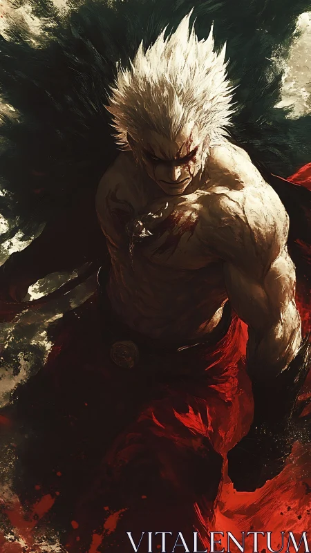 White haired warrior strides through shadow and burning dust