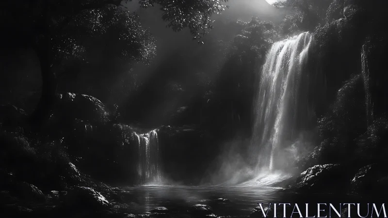 Moonlit waterfalls whisper in silver across a hidden gorge