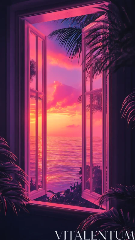 Neon-tinted ocean sunset framed by open window foliage