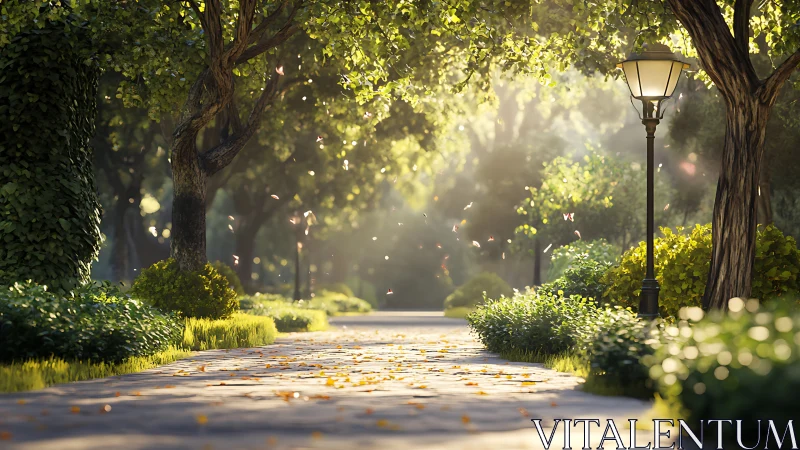 Sunlit park path glows beneath lush trees and lanterns.