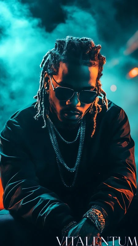 Cinematic neon portrait of braided man in teal orange haze