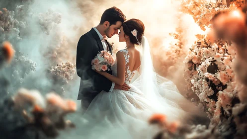 Romantic wedding couple in dreamy floral garden embrace.