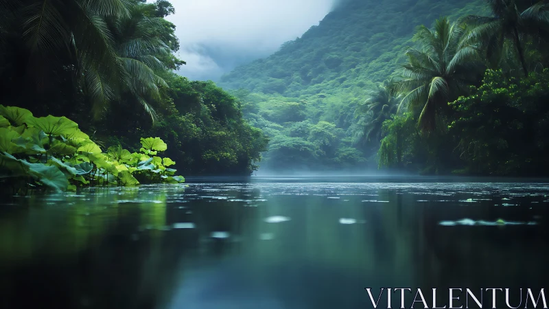 Misty tropical river winding through dense green rainforest.