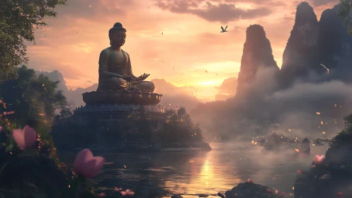 Large Buddha statue over misty river at vivid sunset.