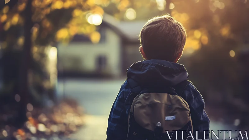 Child with backpack walking toward home at sunset.