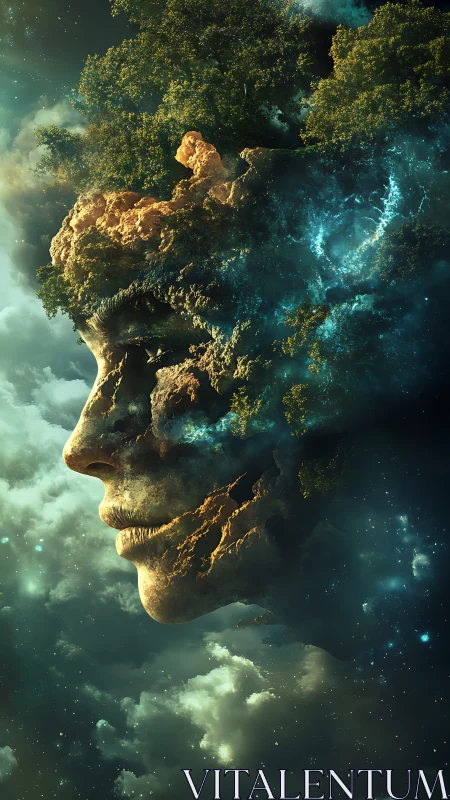 Stone face in cosmic sky merging with trees and clouds.