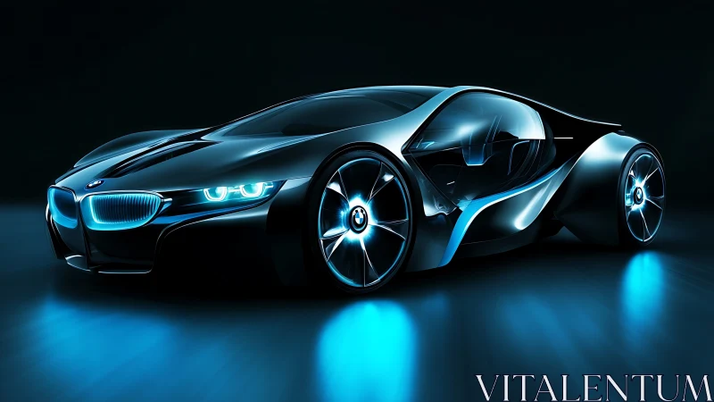 Futuristic sports car glows with sleek blue neon energy