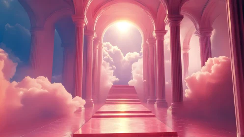Celestial pink marble staircase ascends toward radiant sky temple