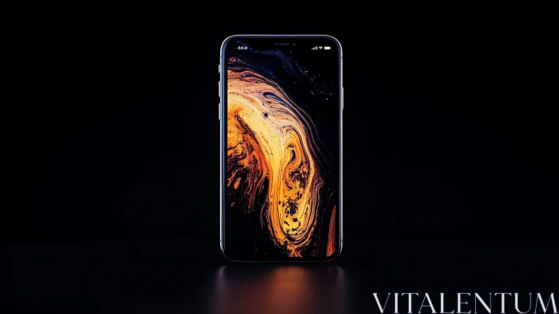 OLED smartphone with luminous fluid-dynamics nebula wallpaper.