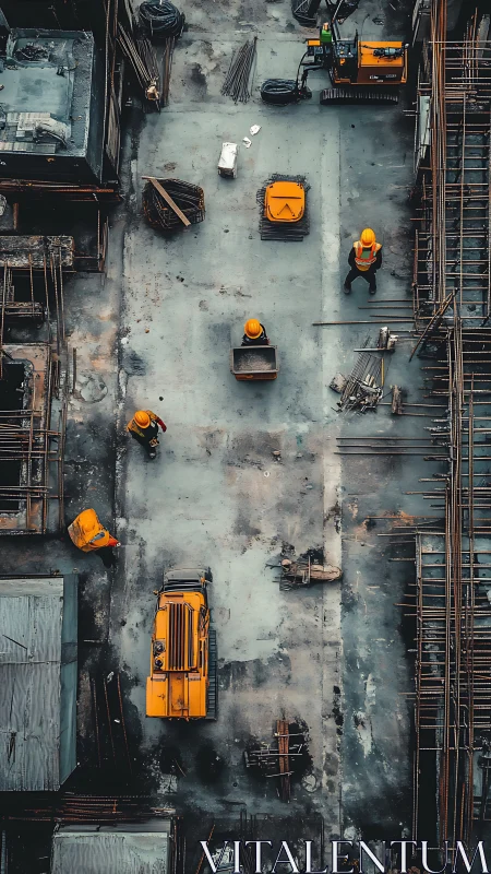 Vertical aerial view of construction site with workers present.