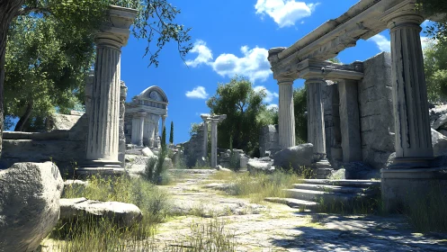 Ancient stone ruins with classical columns under clear sky
