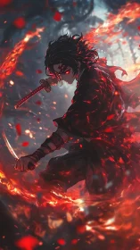 Ember-eyed swordsman carves burning sigils through night storm