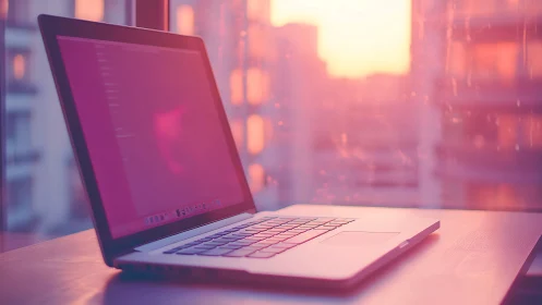 Laptop glows in soft pink sunset light by city window.