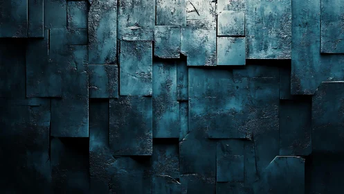 Abstract textured blue geometric wall with layered panels.