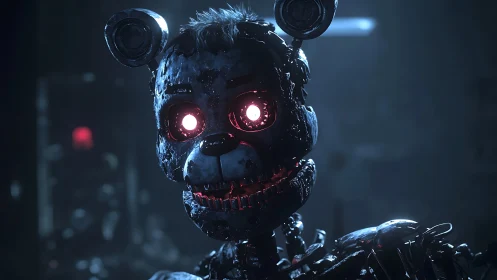 Mechanical bear animatronic head is illuminated in dim light