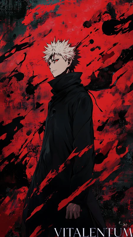 White-haired antihero amid violent crimson splatter storm.