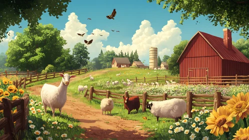 Sunlit sheep and soaring birds turn a quiet farm lane alive