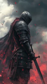 Armored dark knight with sword amid red embers and storm clouds.