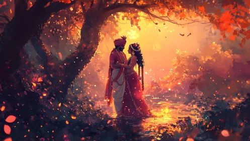 Couple in Traditional Dress Under Autumn Tree at Golden Dusk