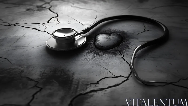 Stethoscope encircles a dark heart on a cracked surface