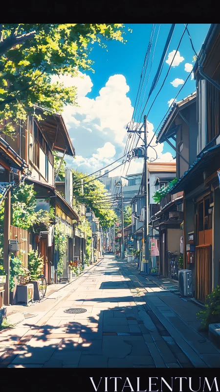 Sunlit Japanese alleyway with deep shadows and bright sky.