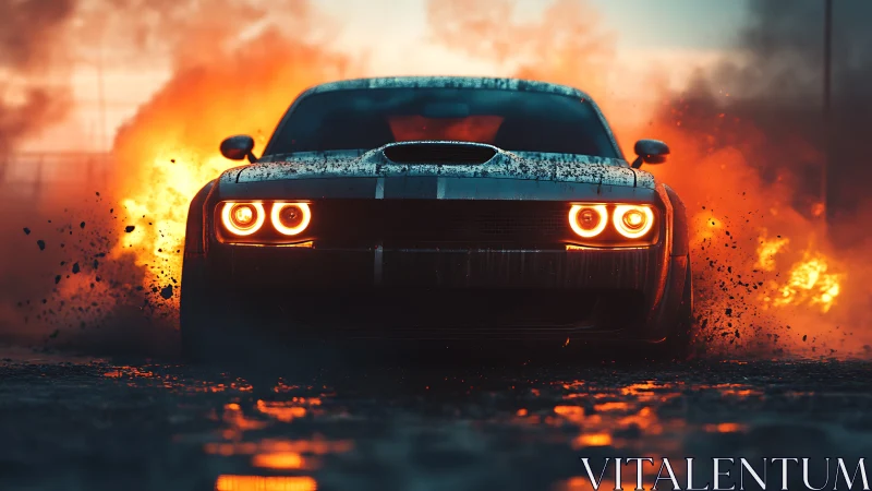 Muscle car on wet roadway framed by fire and debris at dusk.