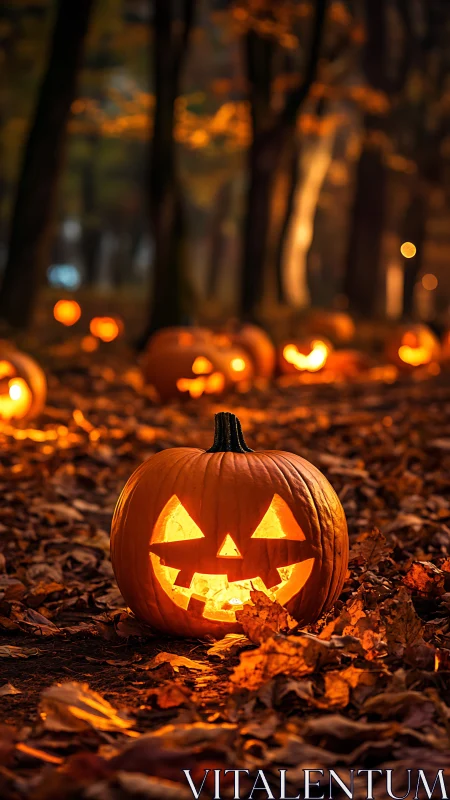 Illuminated Jack-o'-Lantern Forest Composition with Bokeh Ambient Lighting.