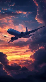 Commercial airliners crossing dense sunset cloud layers.