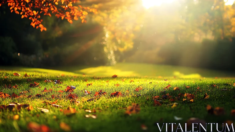 Sunlit autumn lawn with glowing backlit fallen leaves.