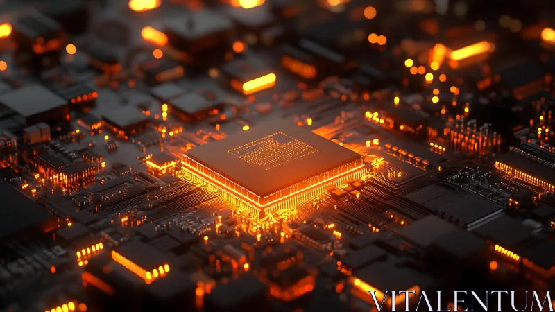 Glowing microchip on dark circuit board with bright orange LEDs.