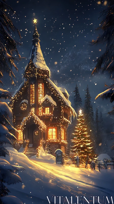 Snow-lit alpine cottage with glowing Christmas charm.