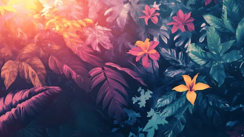 Sunlit tropical foliage glows in vivid neon hues at dusk.