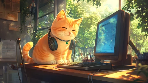 Orange cat with headphones sits on desk beside computer