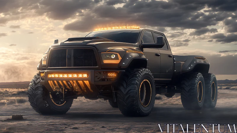 Armored six-wheel off-road truck dominates cinematic desert dusk