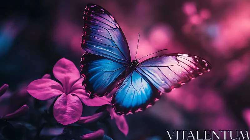 Iridescent blue butterfly over magenta blossom bokeh field.