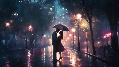 Couple embracing under umbrella in neon-lit rain.