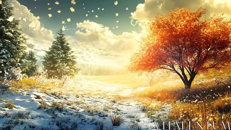 Transitional alpine meadow with autumnal maple and residual snow.