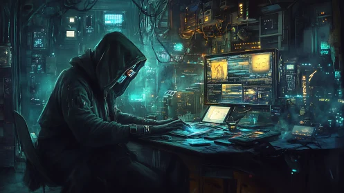 Hooded cybernetic hacker operates in neon-lit control nexus