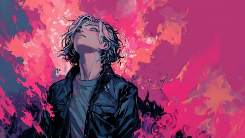 Digital portrait depicts person in jacket amid abstract flames